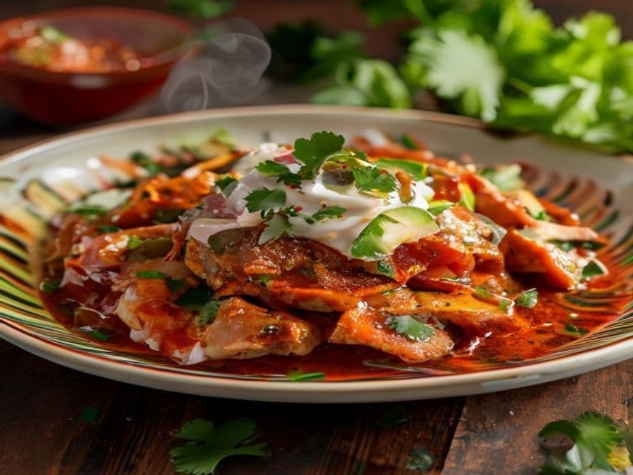 Chilaquiles Rojos de Guajillo con Puerco Deshebrado Keto