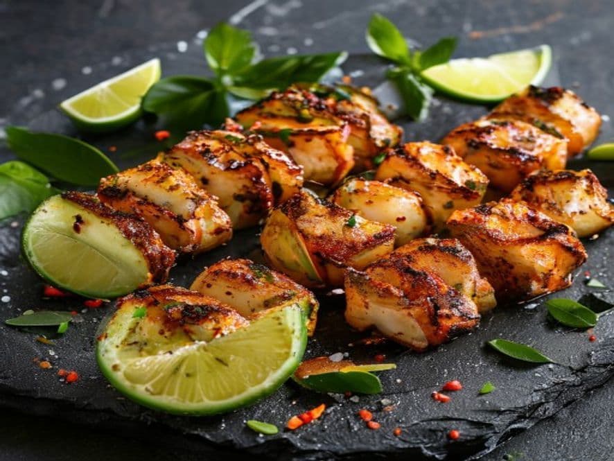 Brochetas keto de camarón y aguacate